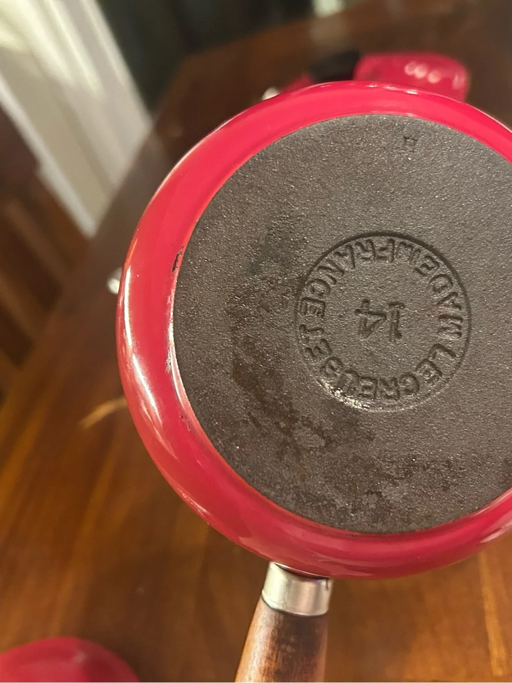 Le Creuset Red Enamel Pouring Saucepans with Wooden Handle